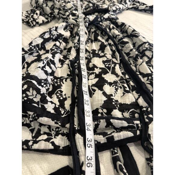 Italian Floral Midi Dress/BLK WHT, Cotton, Puffed 3/4 Sleeve, Waist Tie, Boho‎ L - Picture 3 of 5